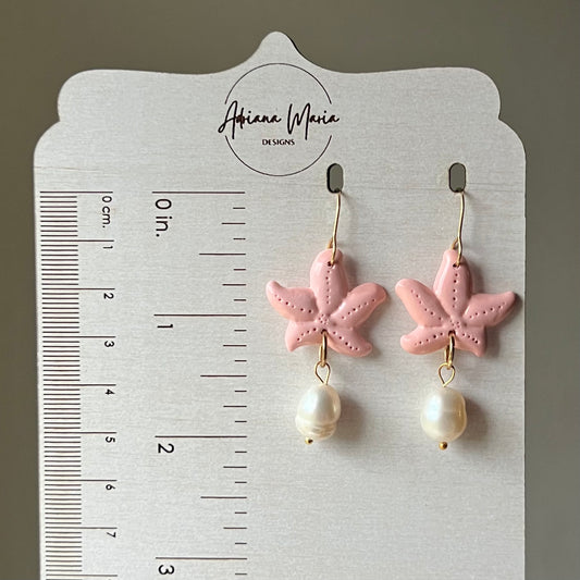 Polymer Clay Earrings - Coral Starfish & Freshwater Pearl, Lightweight Dangles