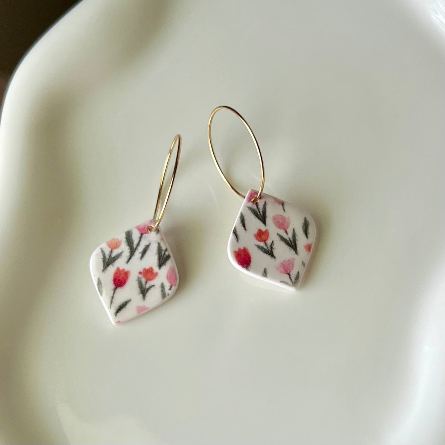 Tulip Print Polymer Clay Hoop Earrings