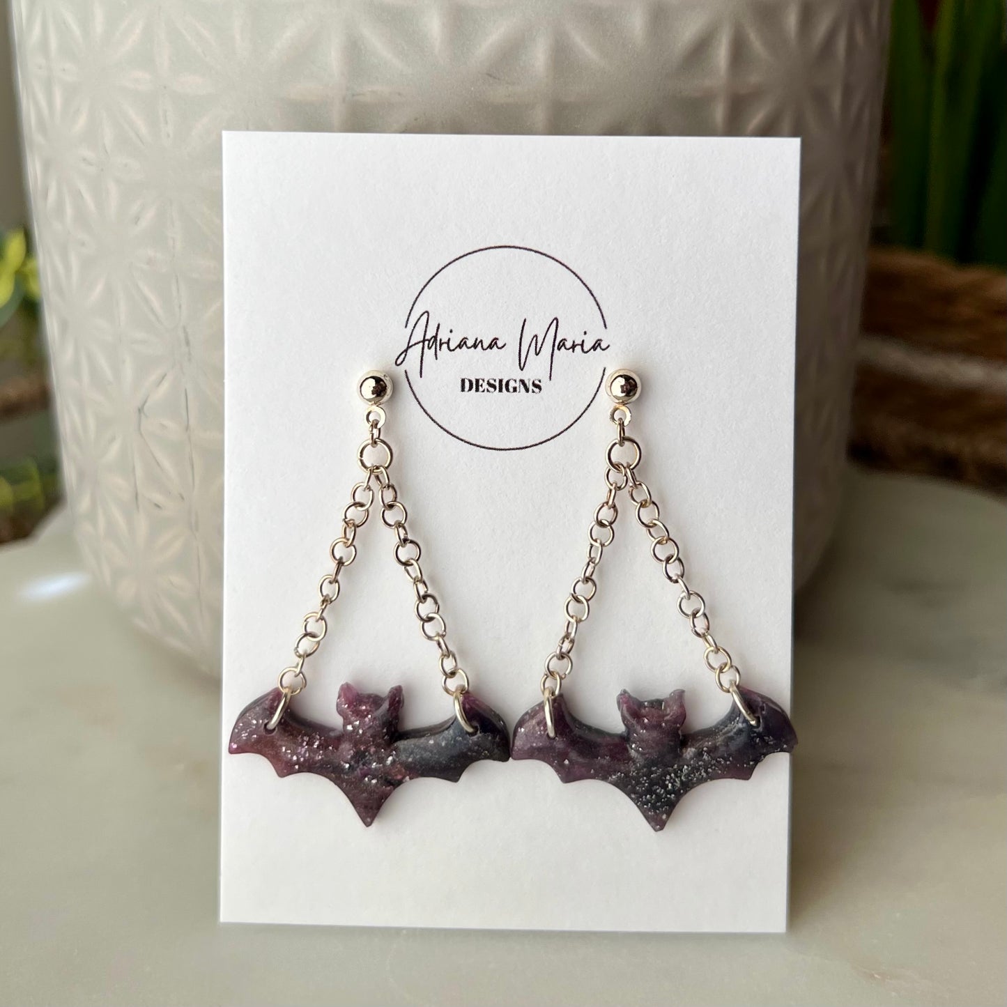 Purple & Black Translucent Bat Polymer Clay Dangle Earrings