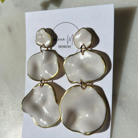 White Marbled Wavy Polymer Clay Statement Earrings with Gold Edging, Lightweight Dangles