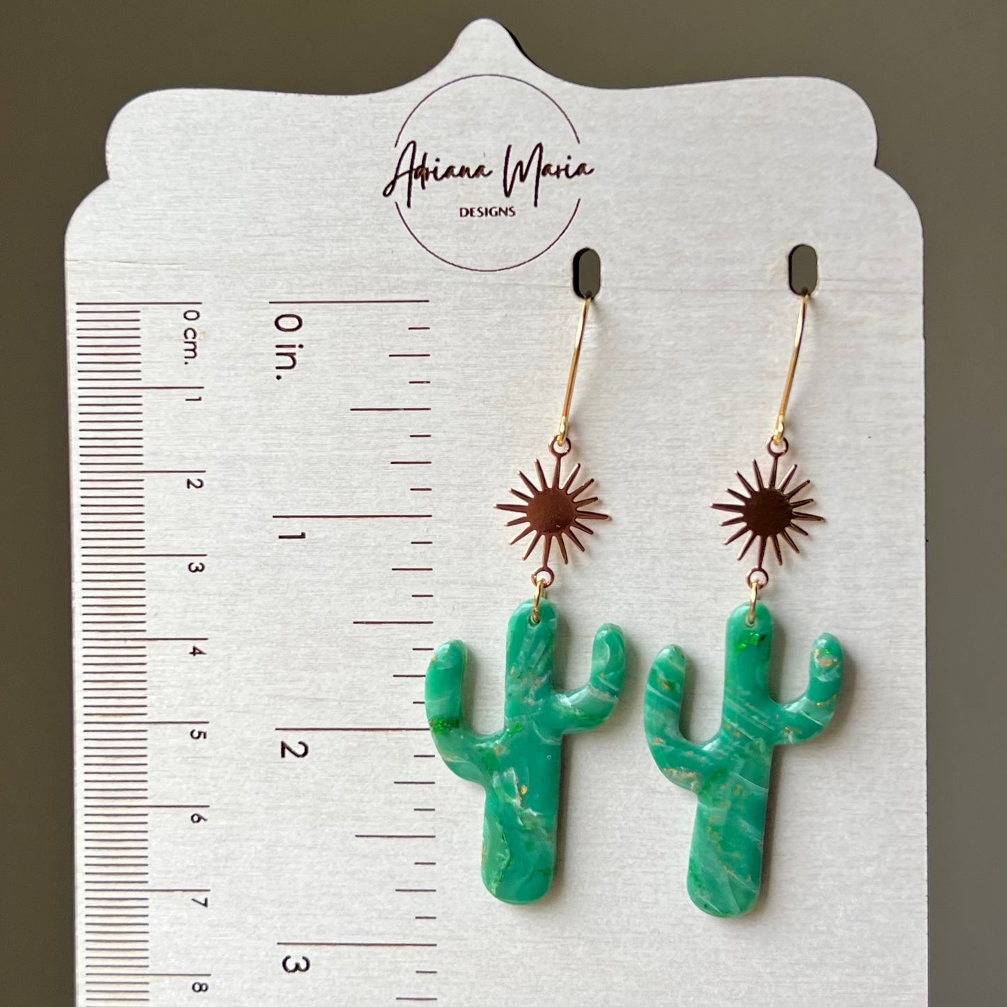 Green Marbled Cactus & Sunburst Polymer Clay Earrings