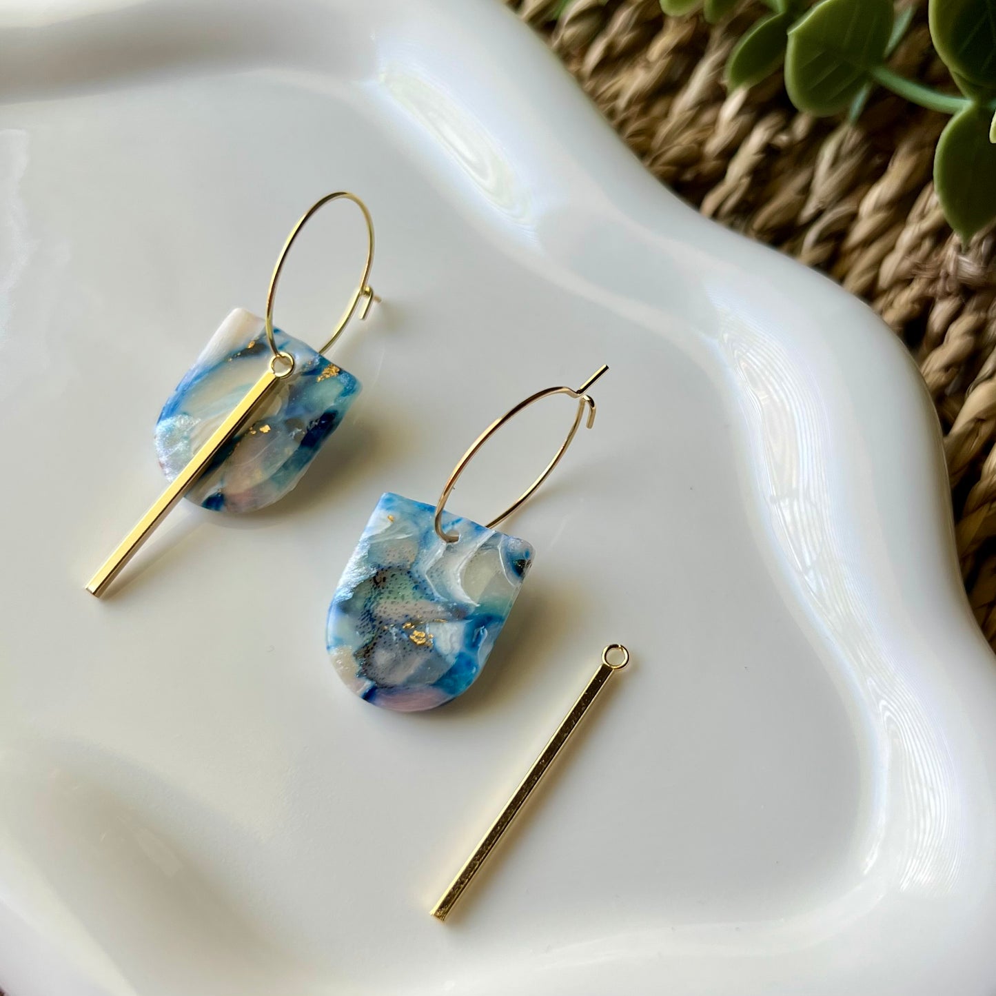Coastal Blue Marbled Polymer Clay Hoop Earrings