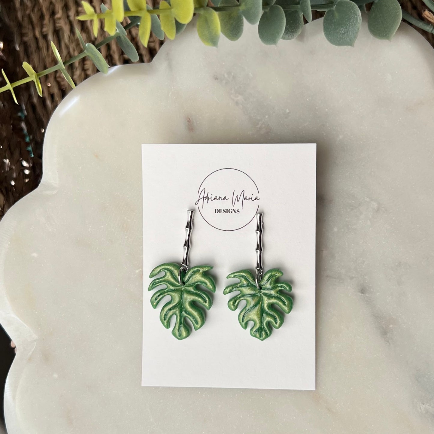 Green Monstera Leaf Polymer Clay Earrings with Bamboo Stainless Accent, Plant Dangles