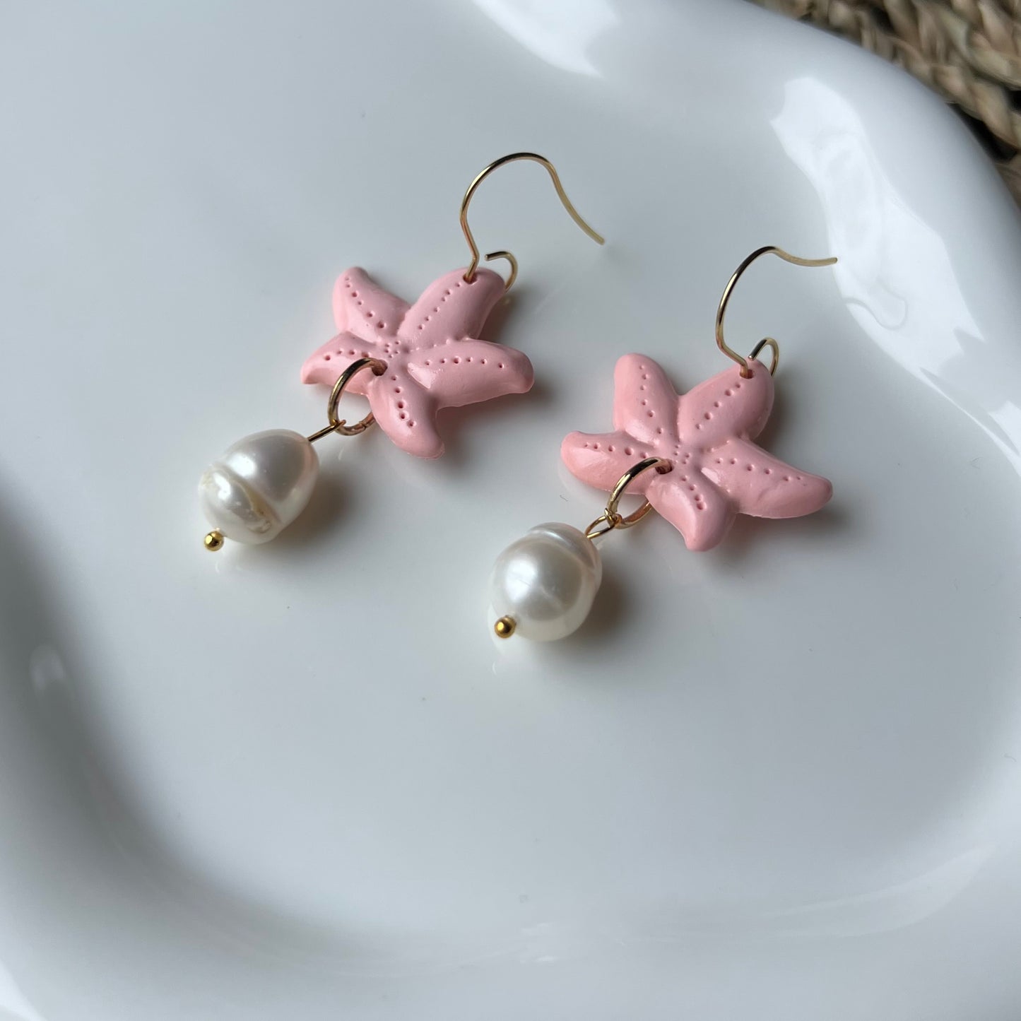 Coral Starfish & Freshwater Pearl Polymer Clay Earrings