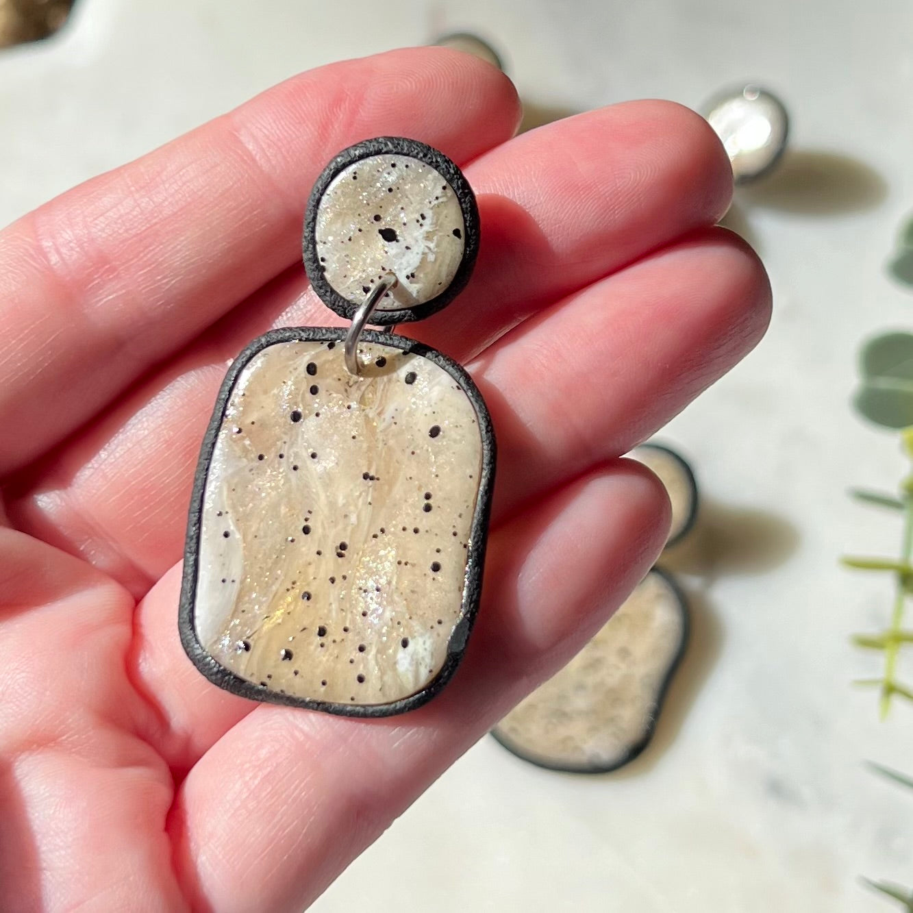 Neutral Marbled Organic Stone Polymer Clay Earrings – Black Speckled Lightweight Statement Dangles