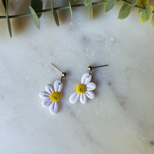 White Half Daisy Polymer Clay Dangle Earrings