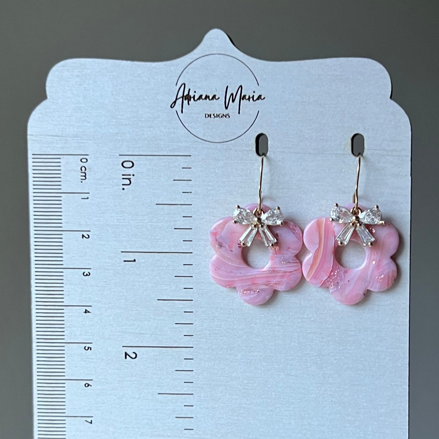 Polymer Clay Earrings - Rose Quartz Inspired Retro Flower with Cubic Zirconia Bow, Pink Marbled Dangles