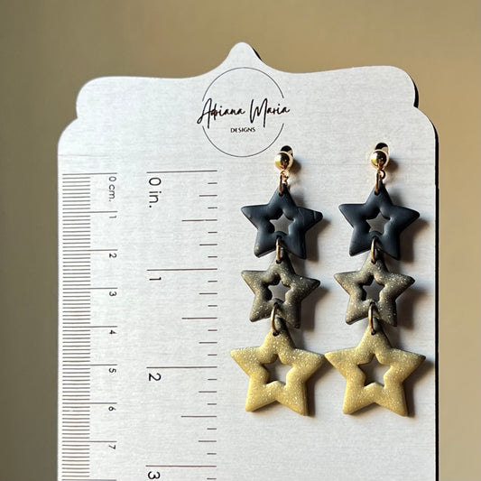 Polymer Clay Earrings - Black & Gold Ombré Triple Star Lightweight Dangles