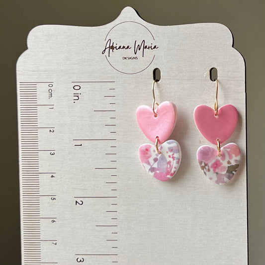 Polymer Clay Earrings - Soft Pink & Floral Print Double Heart Lightweight Dangles Pink