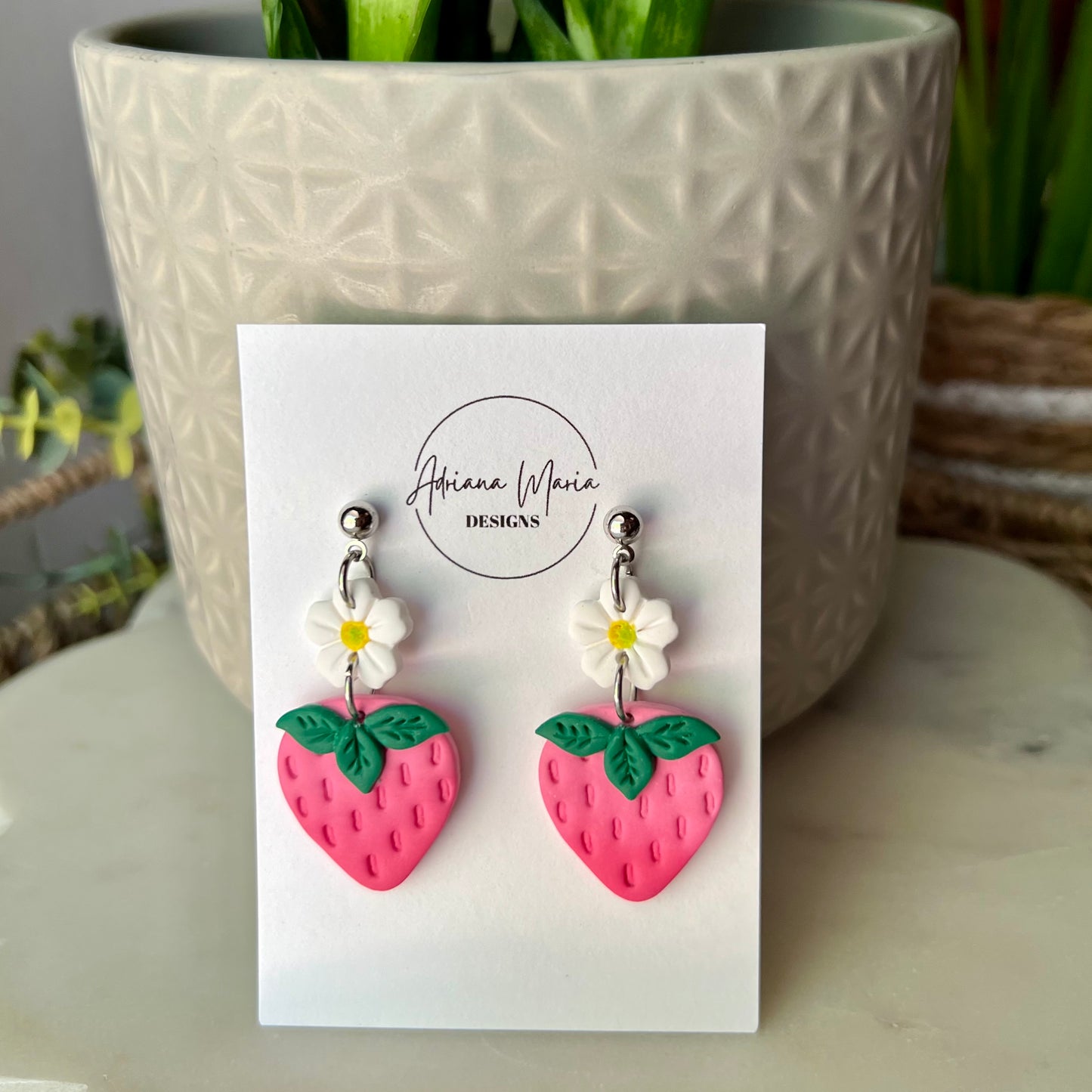 White Daisy & Ombré Pink Strawberry Polymer Clay Dangle Earrings