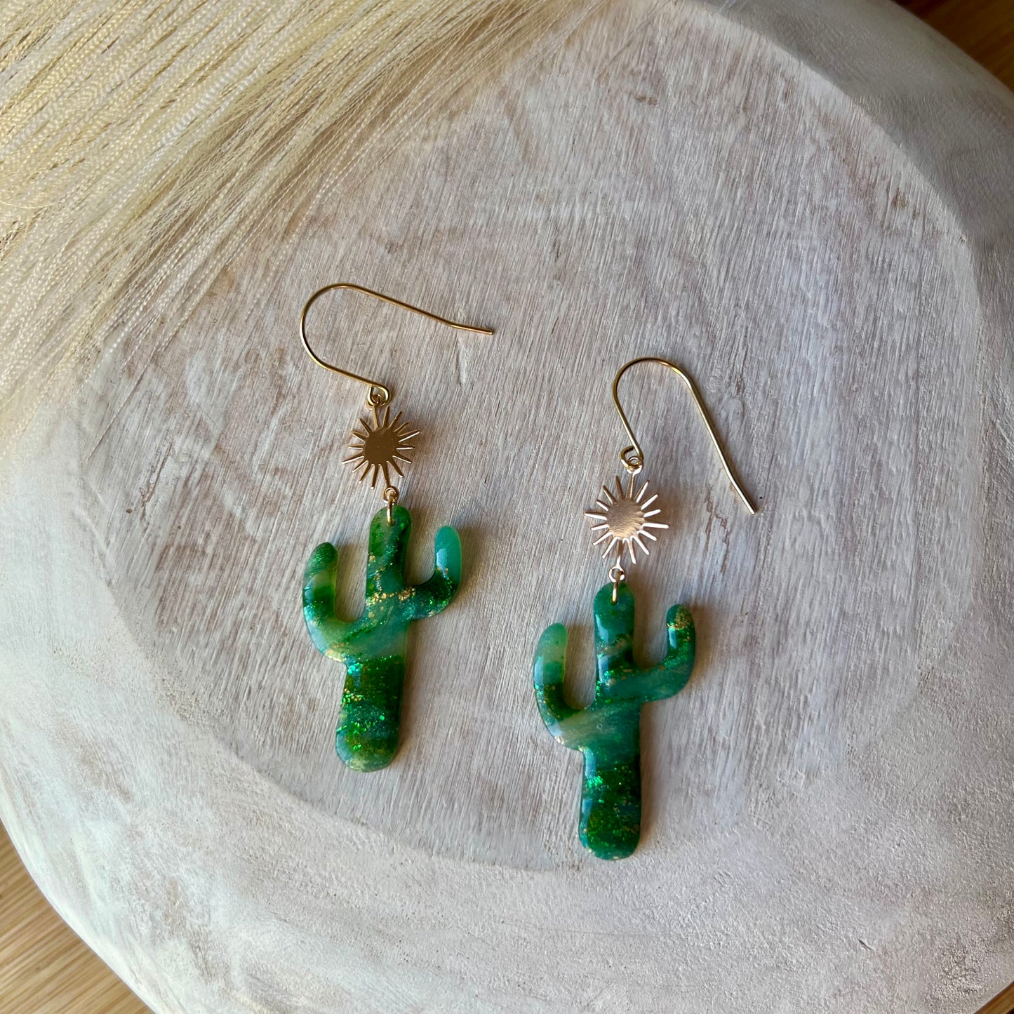 Green Marbled Cactus Sunburst Polymer Clay Earrings