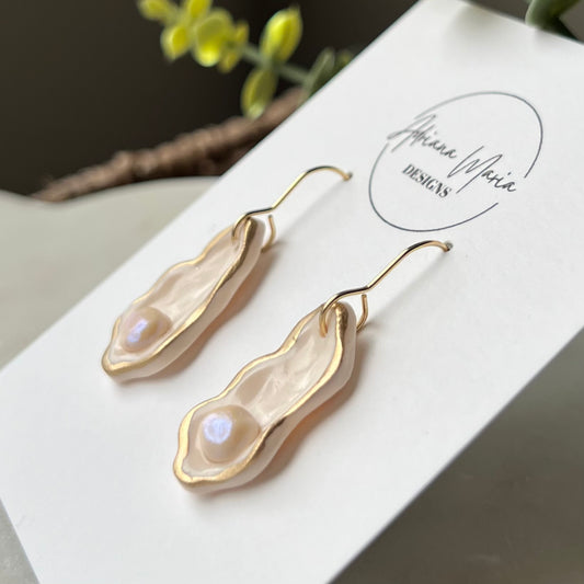 Dainty Oyster Shell and Pearl Polymer Clay Dangle Earrings, Coastal Jewelry