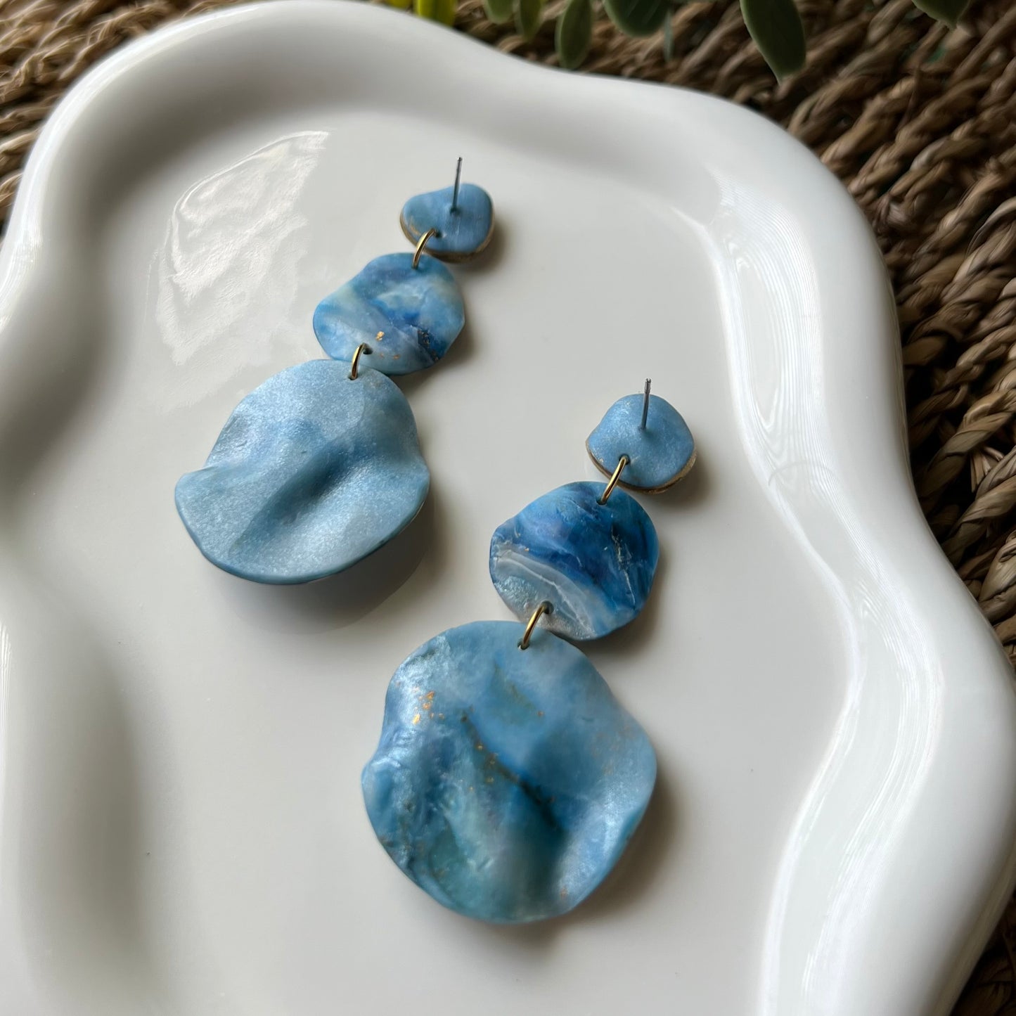 The Marina – Ocean Blue Marbled Polymer Clay Earrings | Gold Edge Statement Dangles