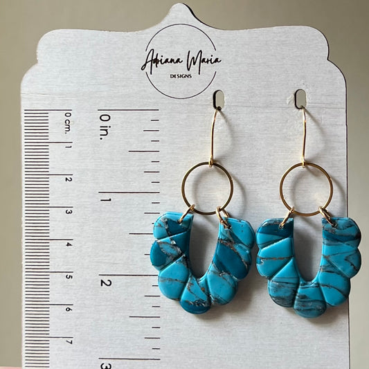 Turquoise Polymer Clay Scalloped Shape Earrings, Western style, lightweight dangles