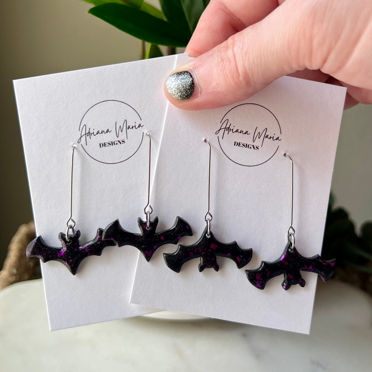 Black & Purple Bats Polymer Clay Dangle Earrings