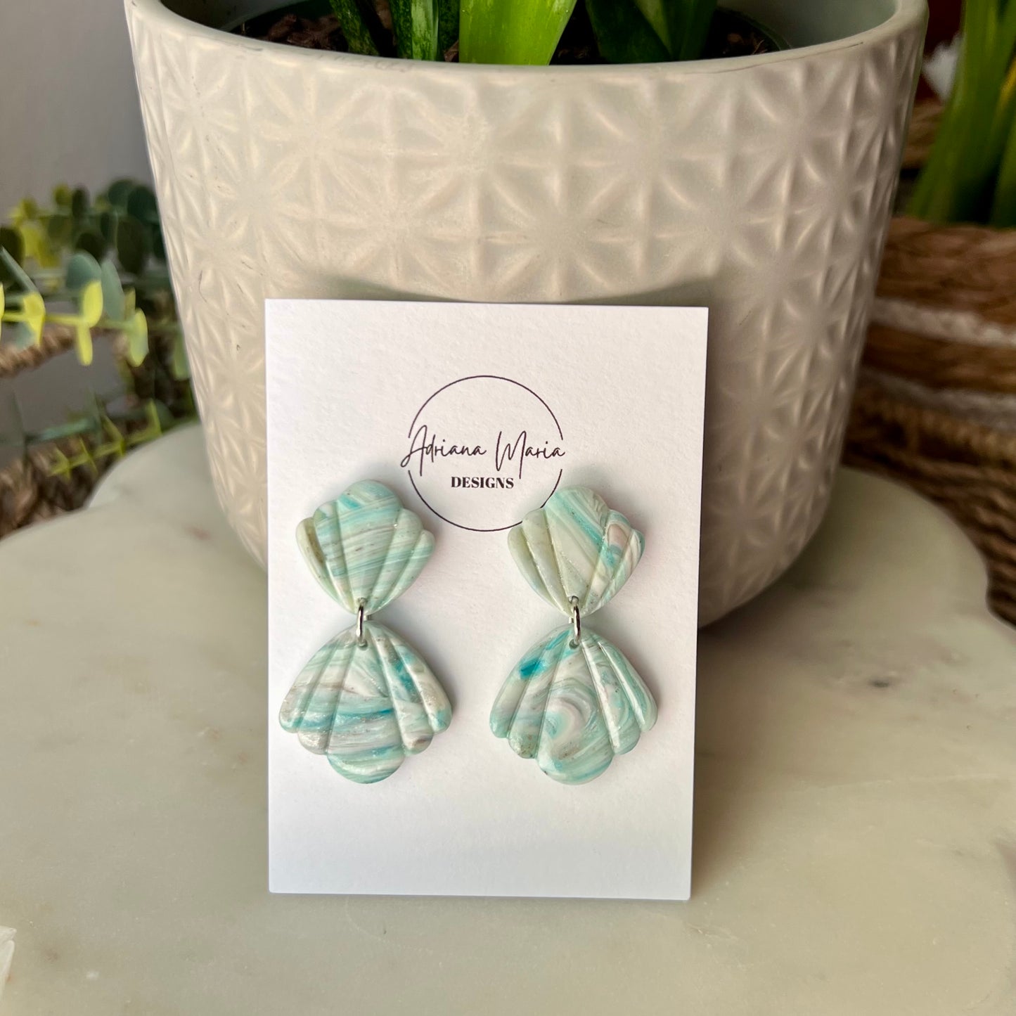 Seafoam Cascade Seashell Polymer Clay Earrings, Lightweight Dangles