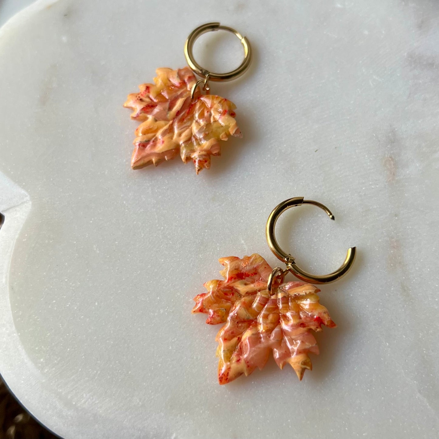 Golden Ember Maple Leaf Polymer Clay Dangle Earrings, Huggie Hoops