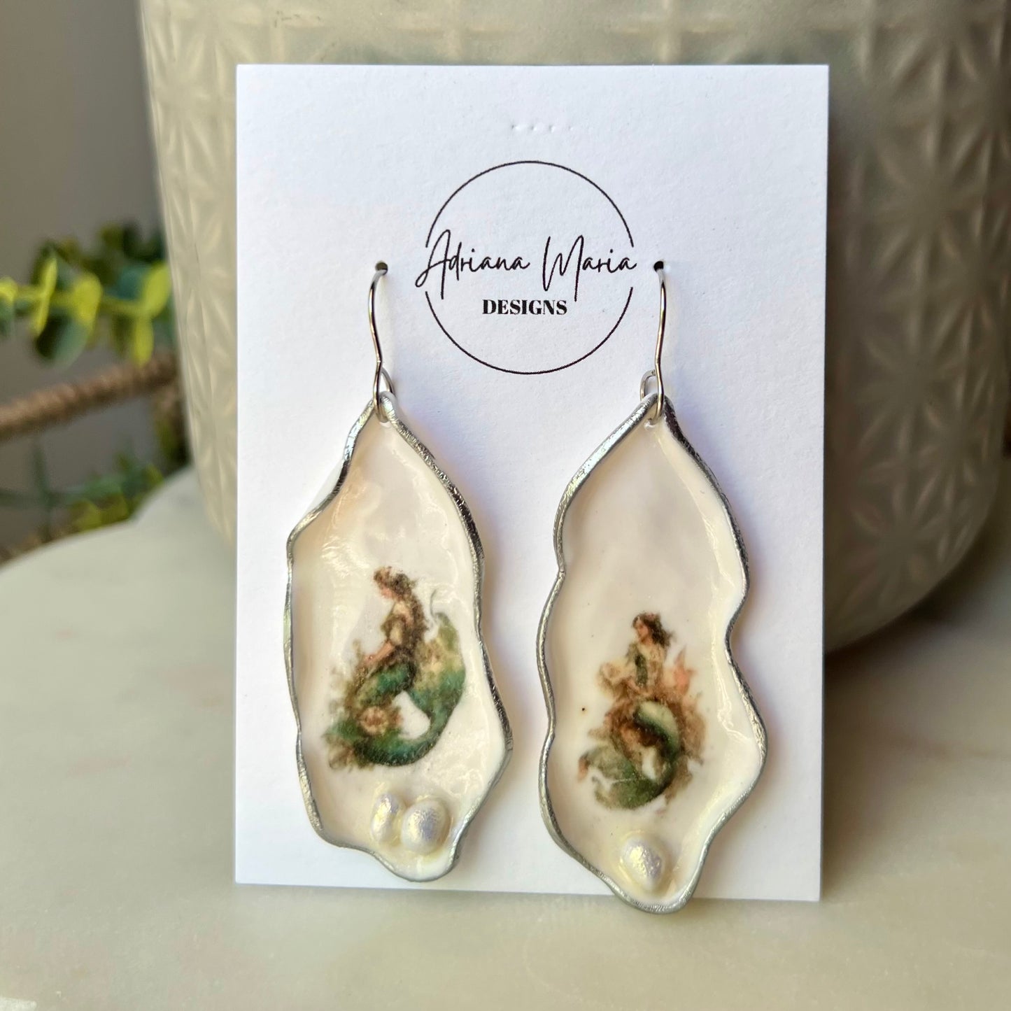 Oyster Clay Earrings with Whimsical Mermaid Print, Lightweight Dangles