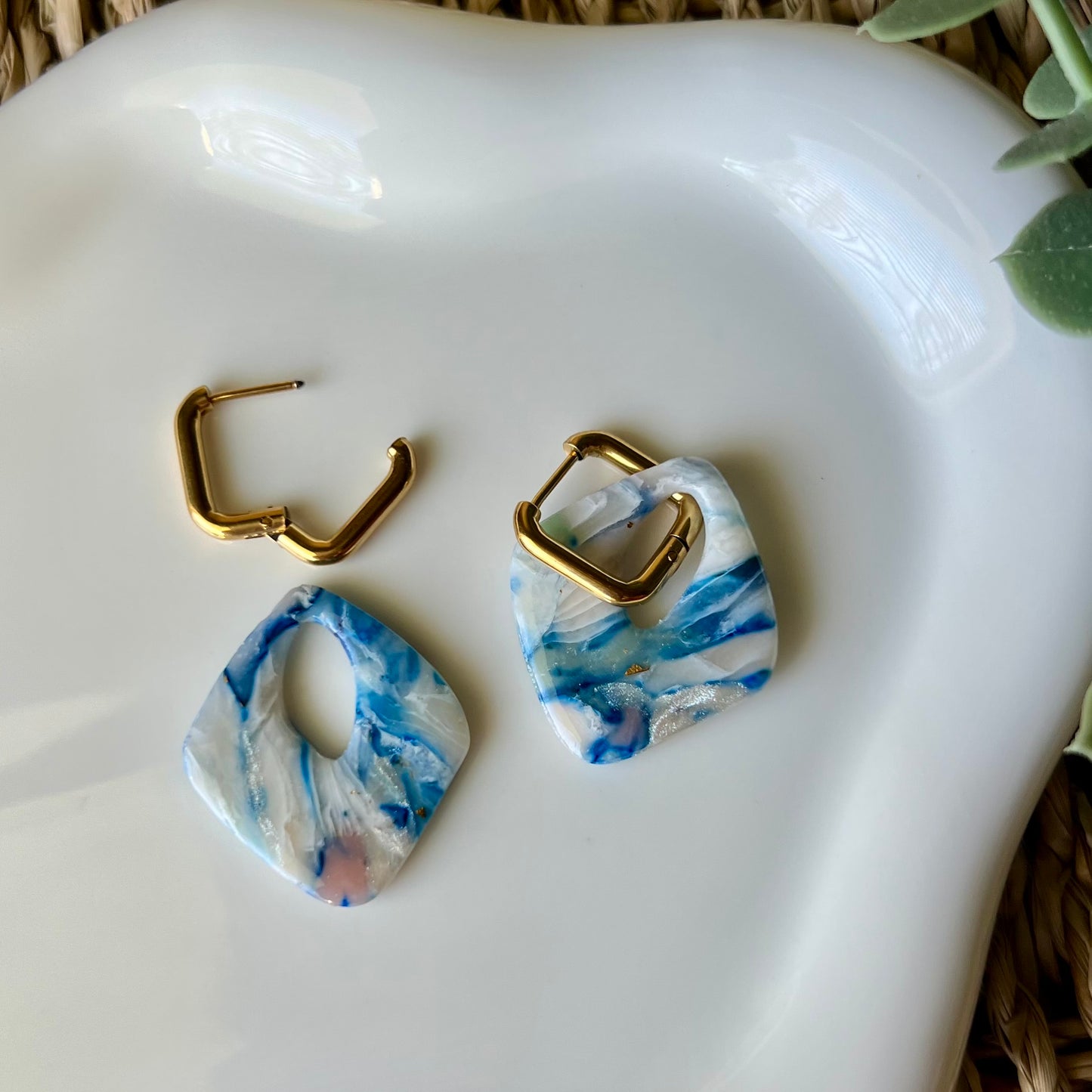 Coastal Blue Marbled Polymer Clay Huggie Hoop Earrings
