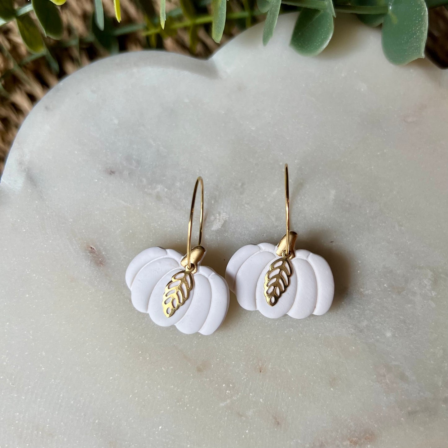 White Pumpkin Polymer Clay Hoop Earrings with Brass Leaf