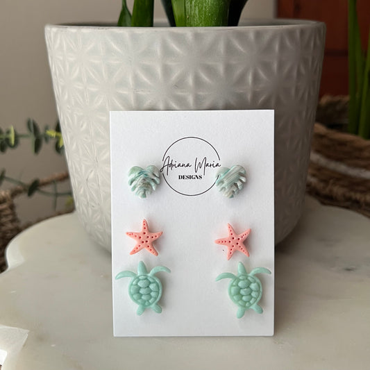Summer Coastal Beach Stud Pack, Lightweight Polymer Clay Earrings