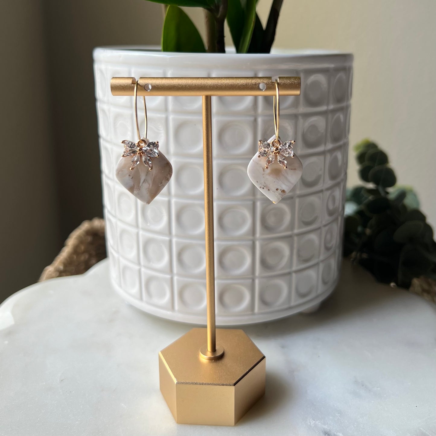 Ivory Pearl Marble Polymer Clay Earrings with CZ Bows