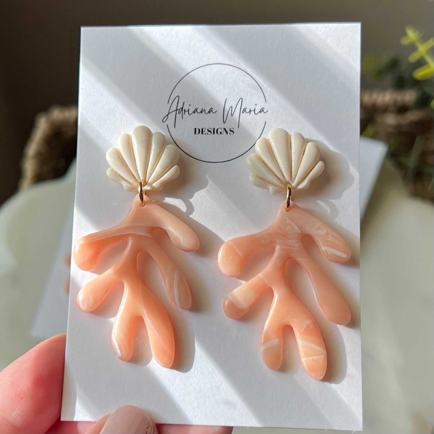 Coral Marbled Reef with White Seashell Polymer Clay Earrings, Lightweight Dangles, Coastal Beach Style