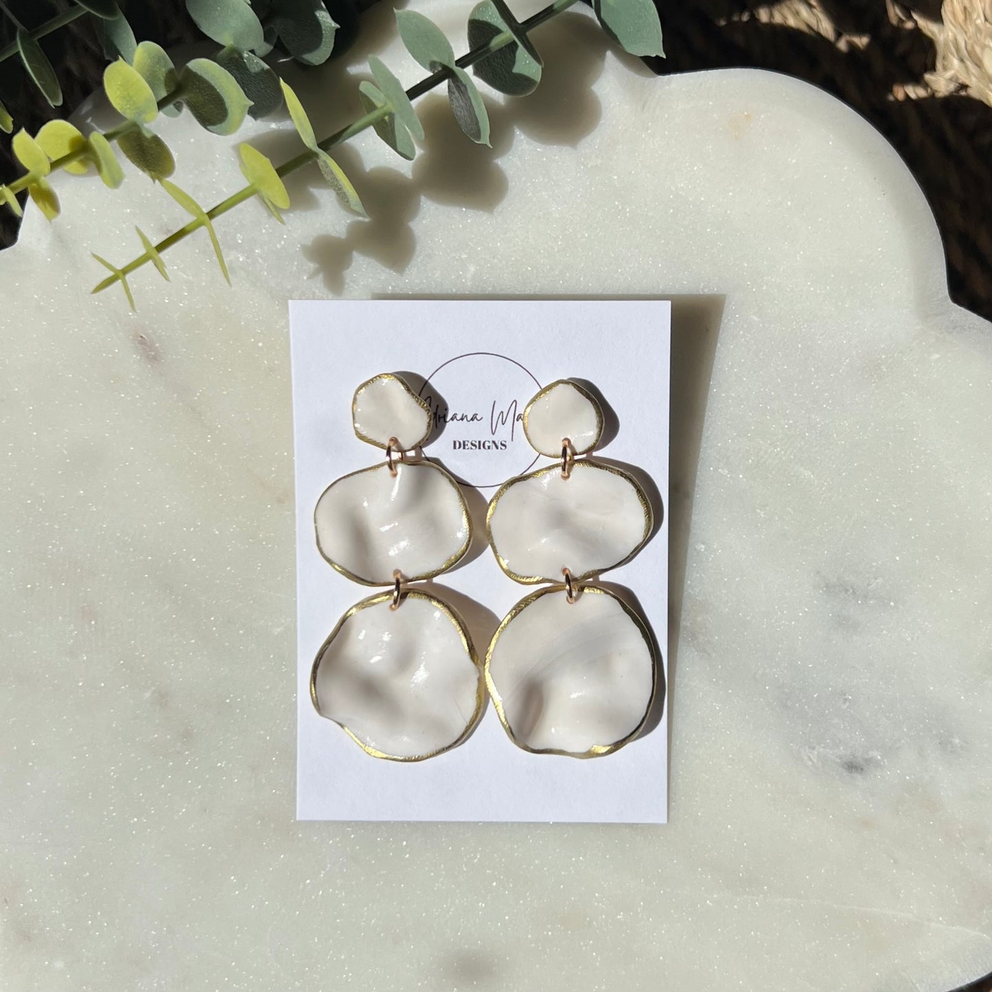 White Marbled Wavy Polymer Clay Statement Earrings with Gold Edging, Lightweight Dangles