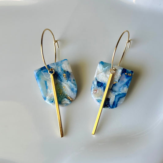 Coastal Blue Marbled Polymer Clay Hoop Earrings