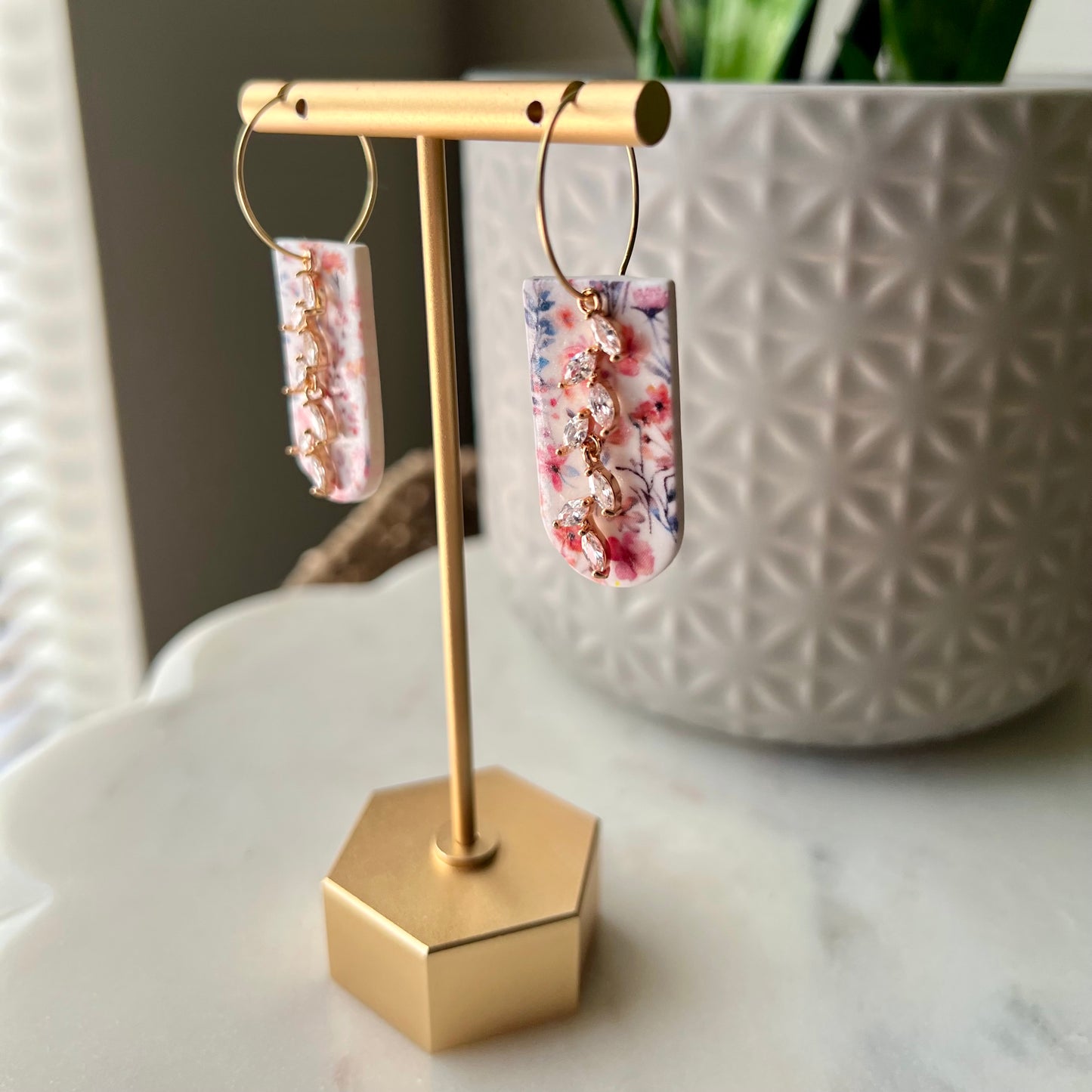 Wildflower Bloom Arch Polymer Clay Earrings with Cubic Zirconia Vine