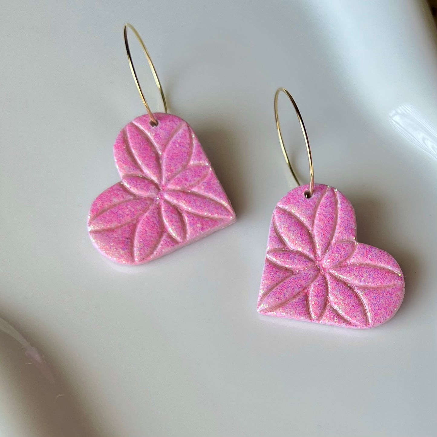 Pink Glitter Heart Polymer Clay Hoop Earrings