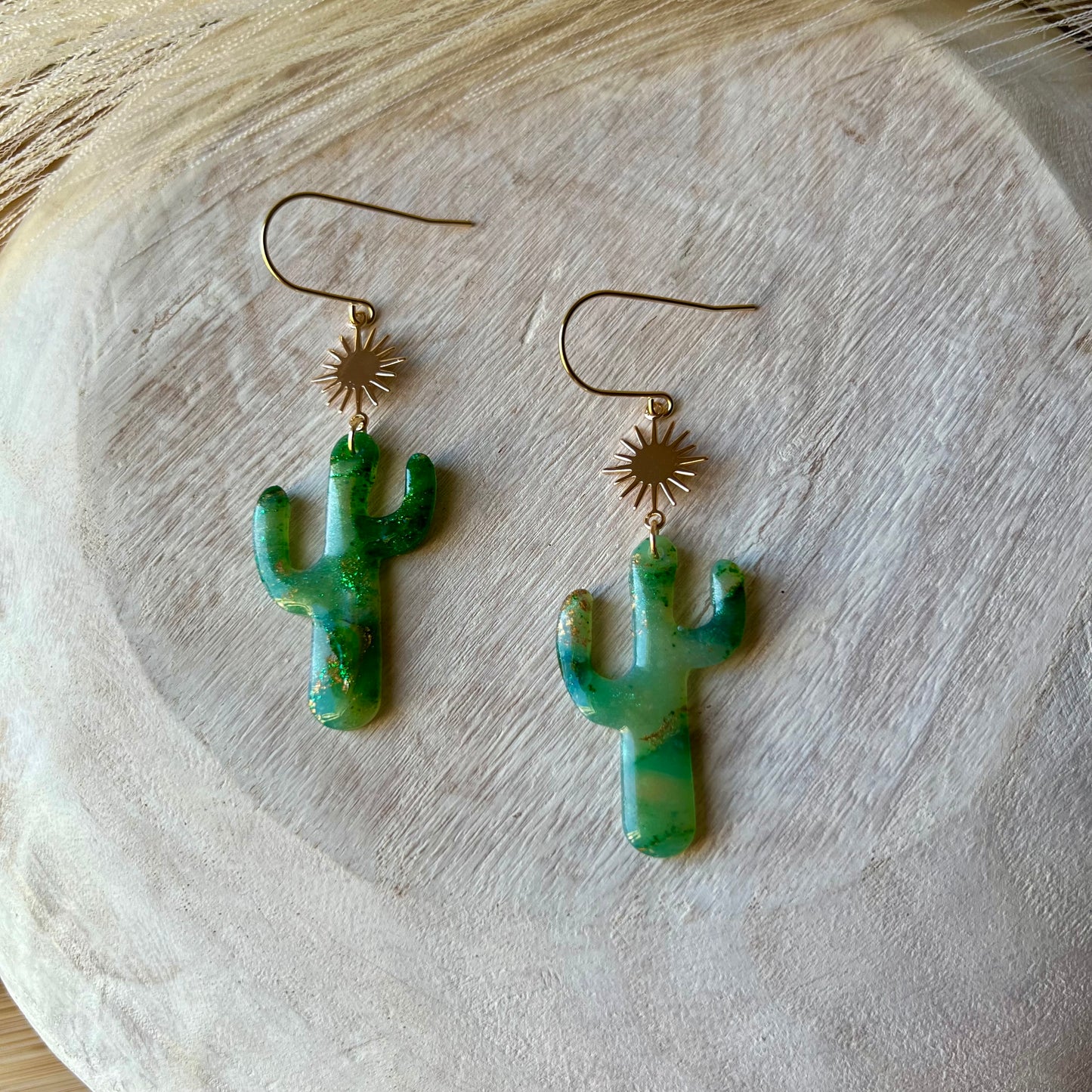 Green Marbled Cactus Sunburst Polymer Clay Earrings
