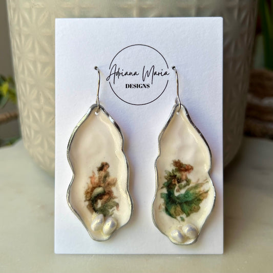 Oyster Clay Earrings with Whimsical Mermaid Print, Lightweight Dangles