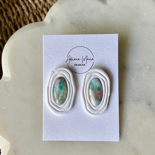 Abstract Coastal Bezel Stone Polymer Clay Statement Stud Earrings