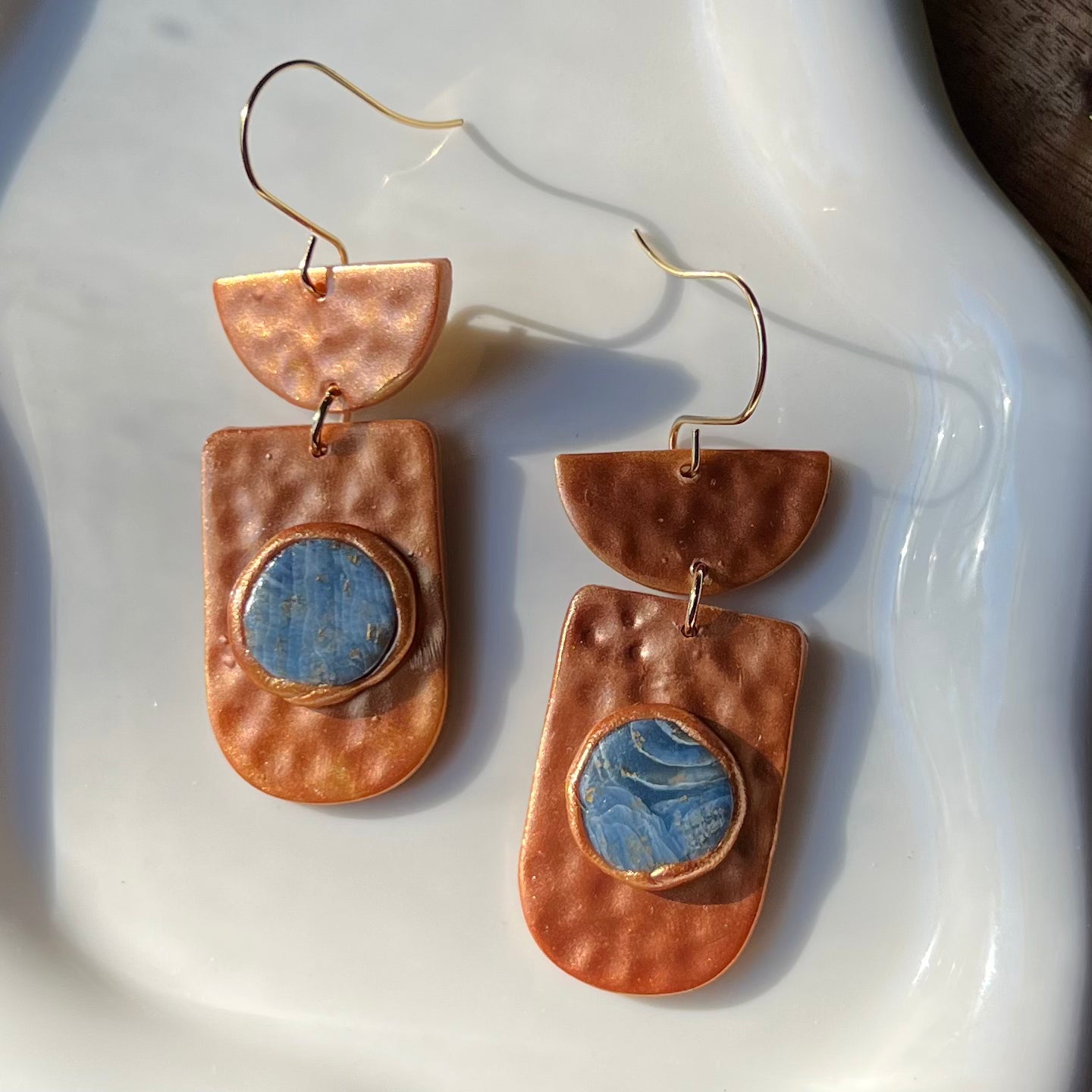 Faux Metal & Blue Marbled Bezel Polymer Clay Earrings