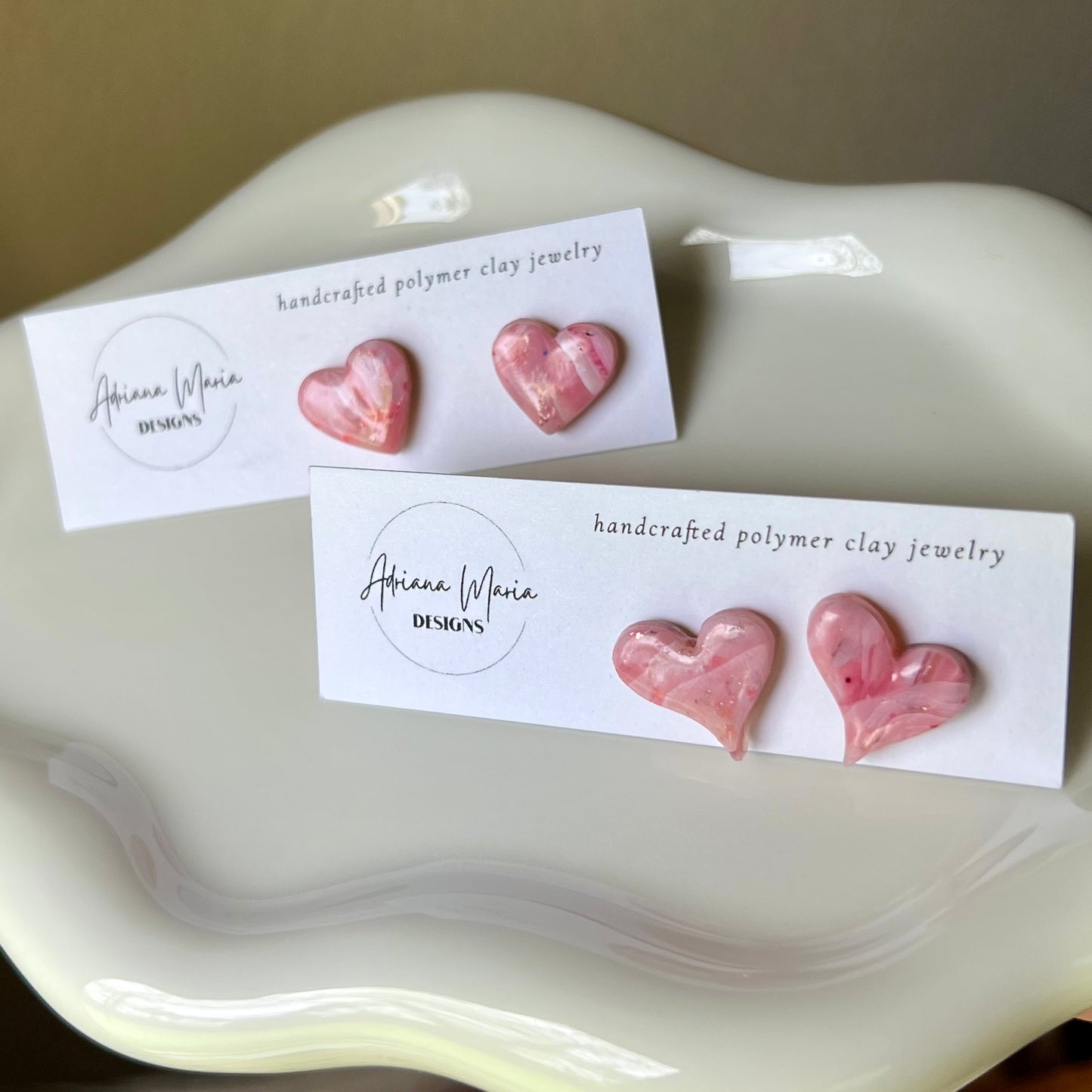 Pink Marbled Heart Polymer Clay Stud Earrings
