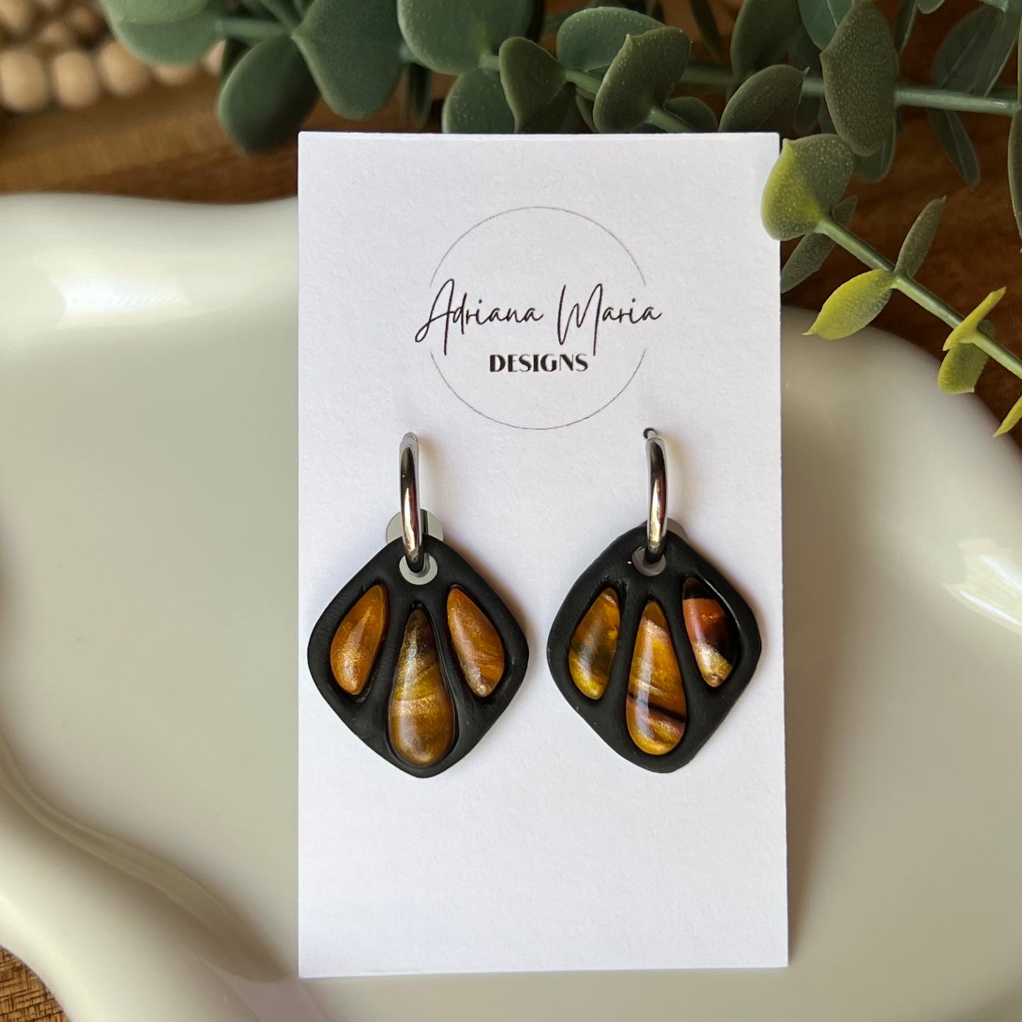 Amber Flame: Bezel Polymer Clay Huggie Hoop Earrings