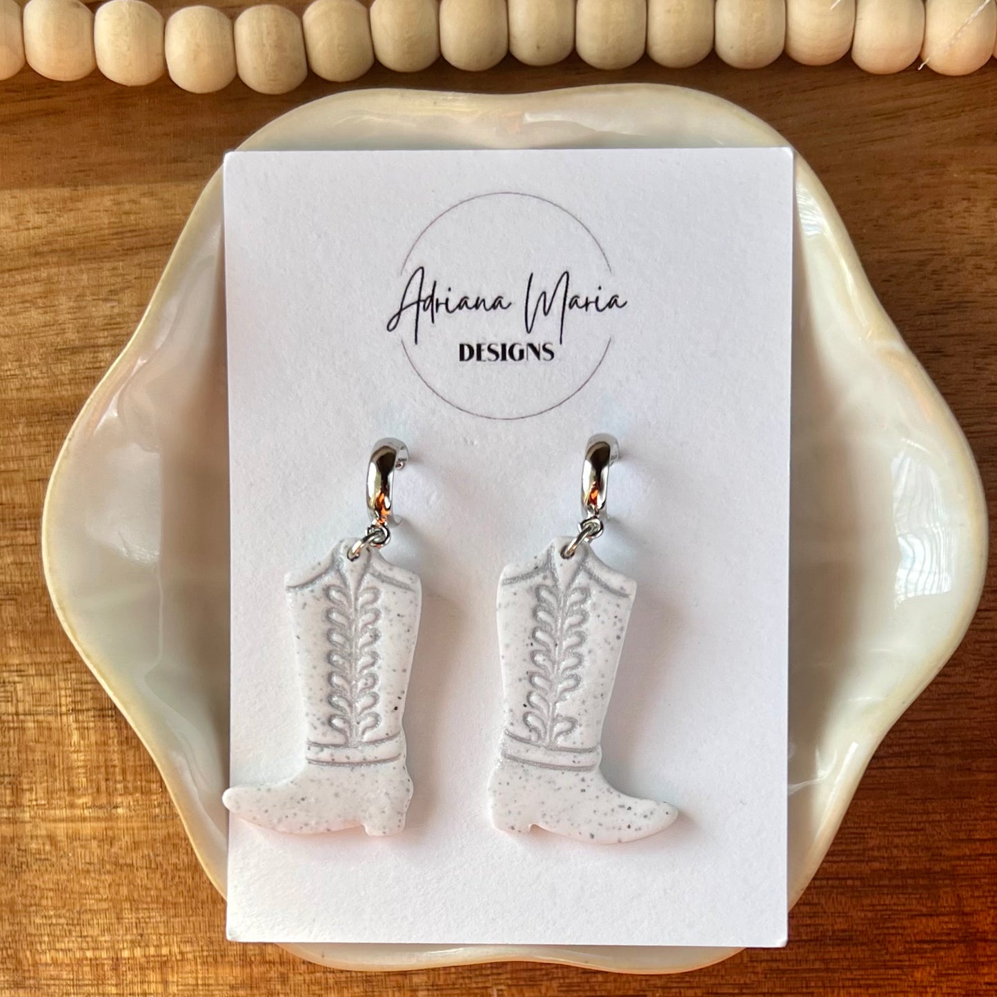 Colonial White Granite Cowboy Boots Polymer Clay Earrings