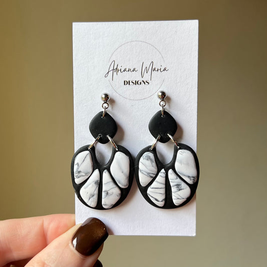 Polymer Clay Earrings - Black & White Marbled Howlite Bezel Lightweight Dangles