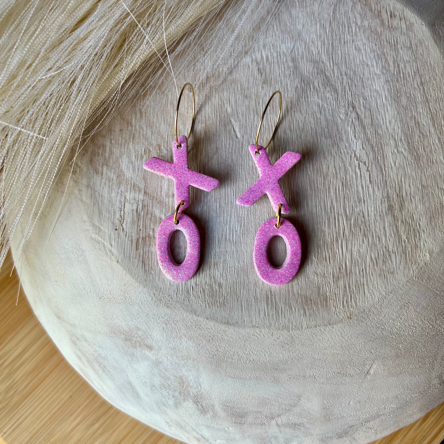 XOXO Pink Holographic Glitter Polymer Clay Hoop Earrings