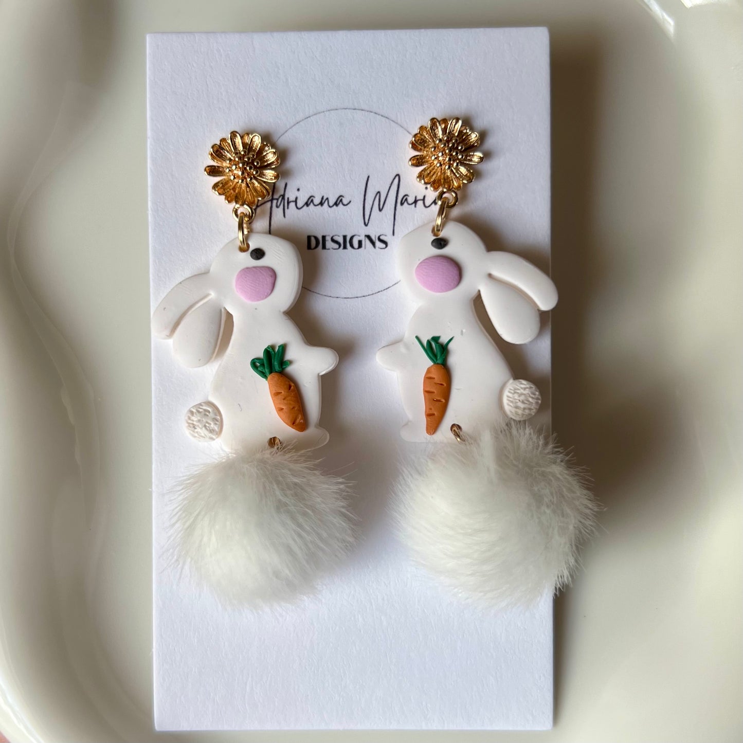 Sweet Bunny with Pom Poms Polymer Clay Dangle Earrings
