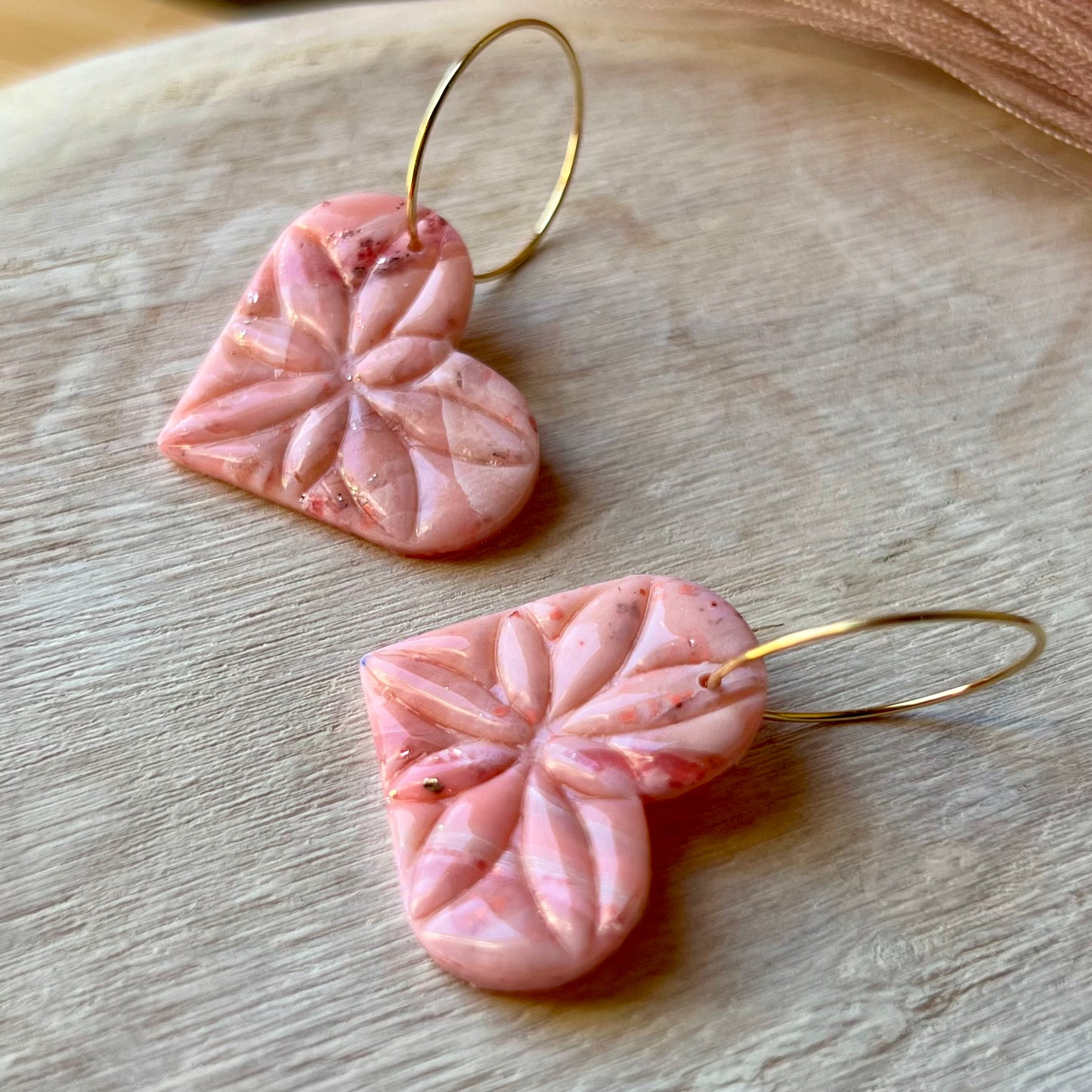 Rose Quartz Inspired Heart Polymer Clay Hoop Earrings