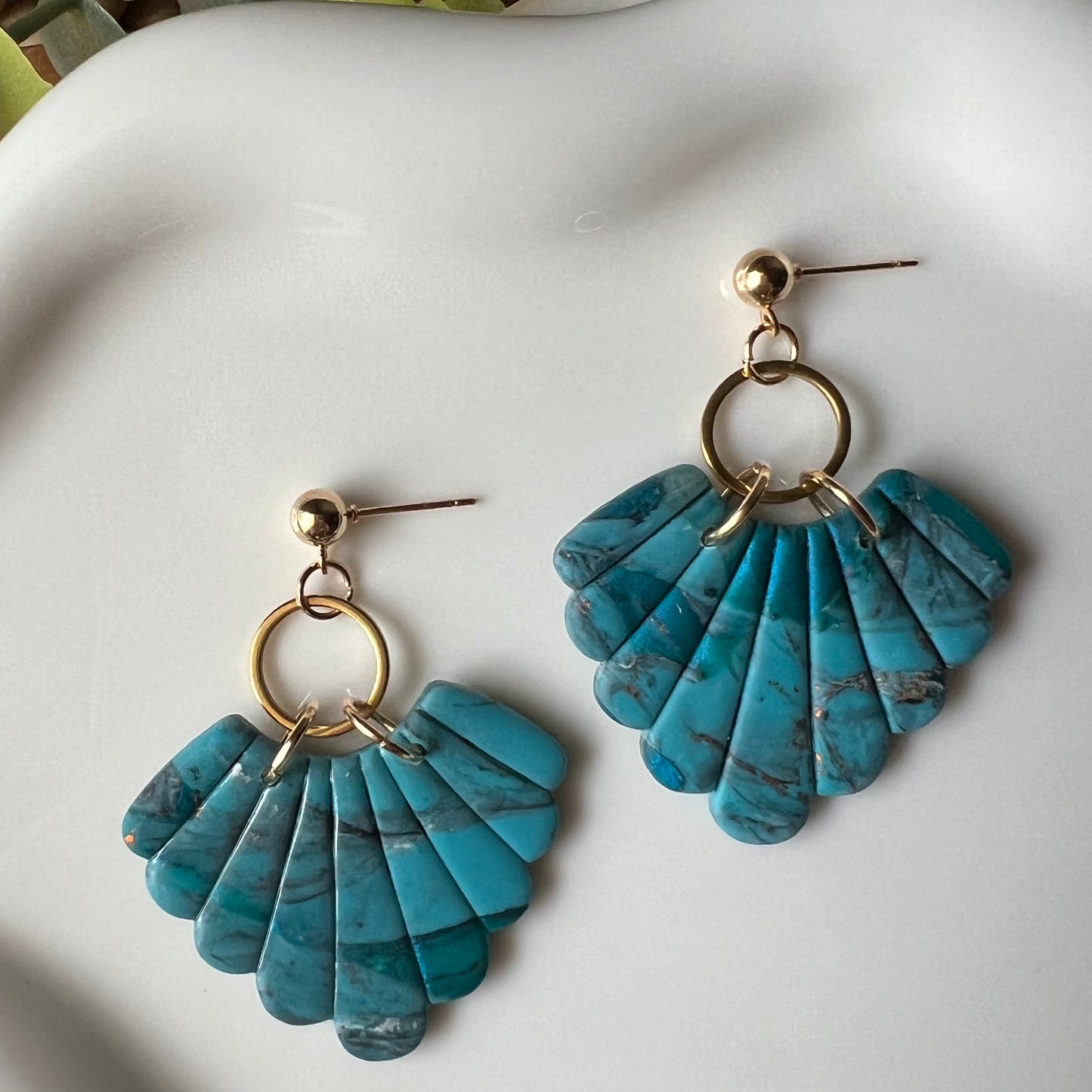 Turquoise Scalloped Fan Clay Earrings