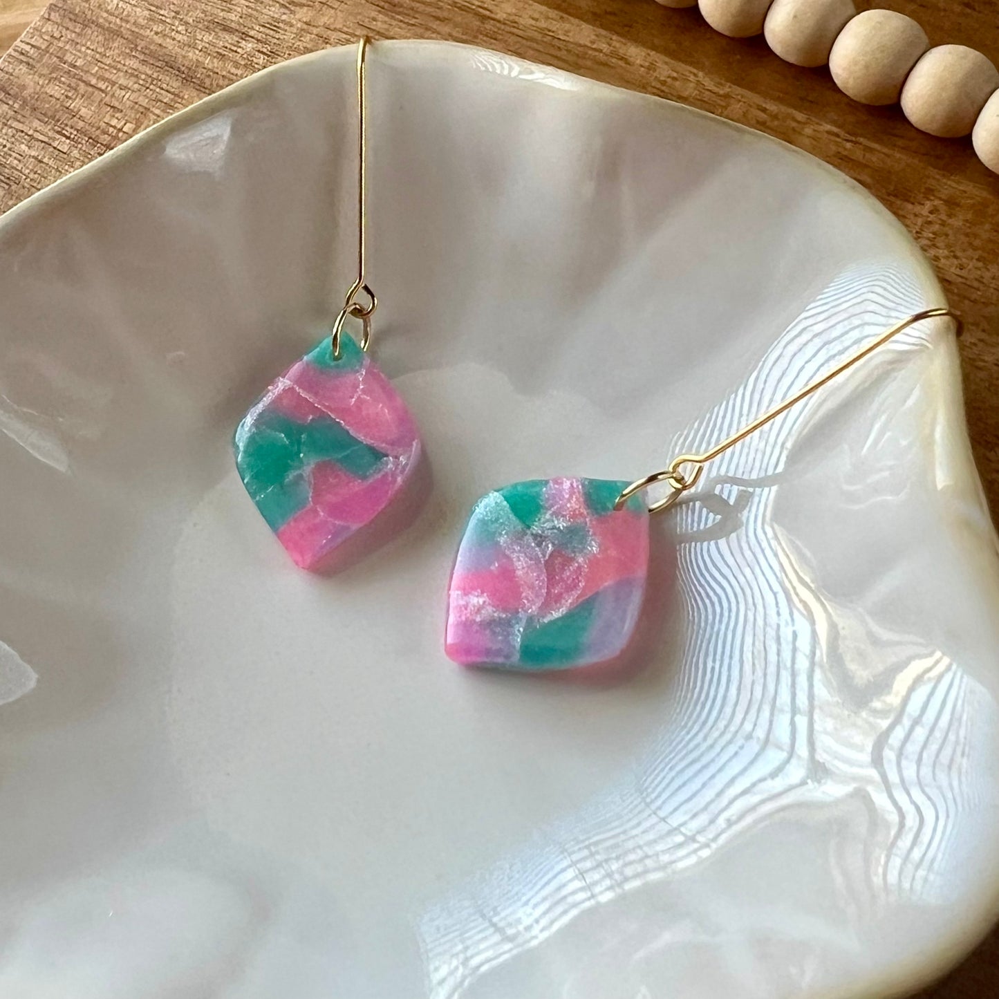 Teal & Pink Marbled Diamond Shaped Polymer Clay Dangle Earrings