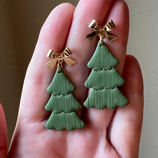 Green Christmas Tree Polymer Clay Earrings with Bows