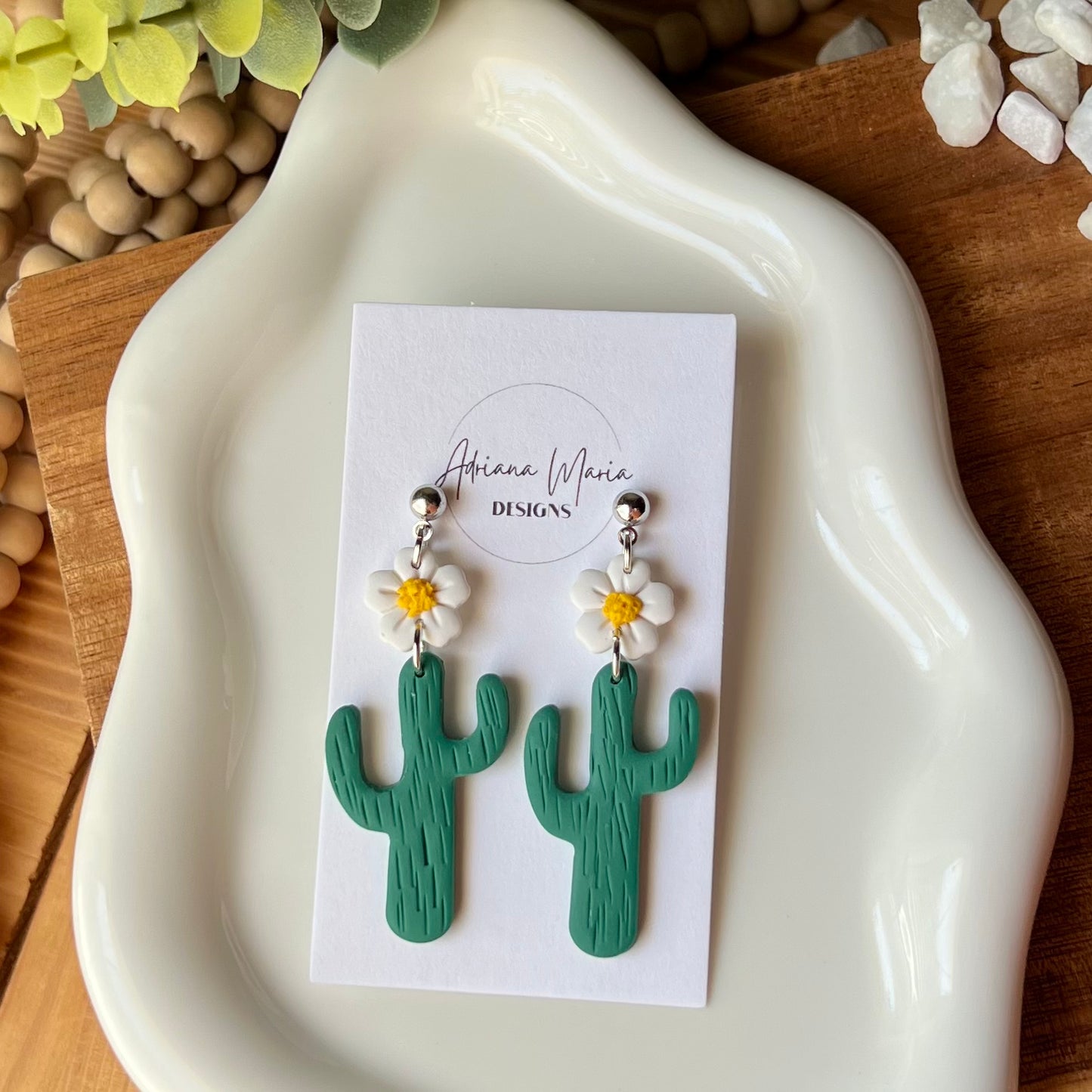 Daisy Flower & Green Cactus Polymer Clay Dangle Earrings