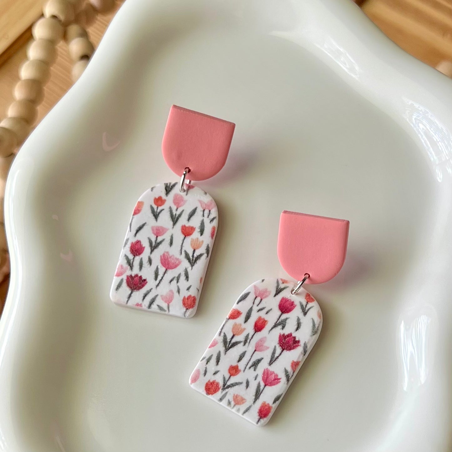 Tulip Print Polymer Clay Dangle Earrings