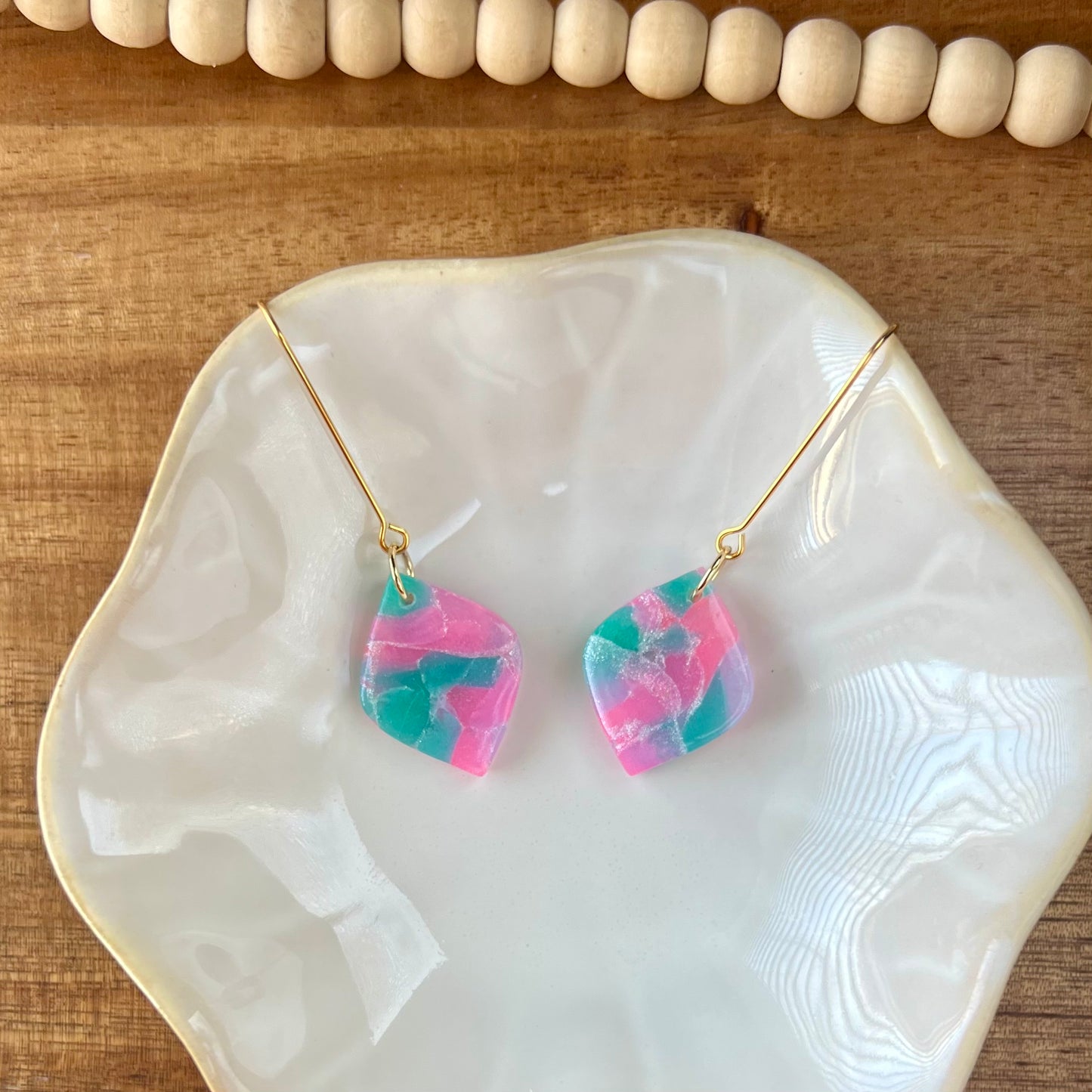 Teal & Pink Translucent Diamond Shape Polymer Clay Earrings