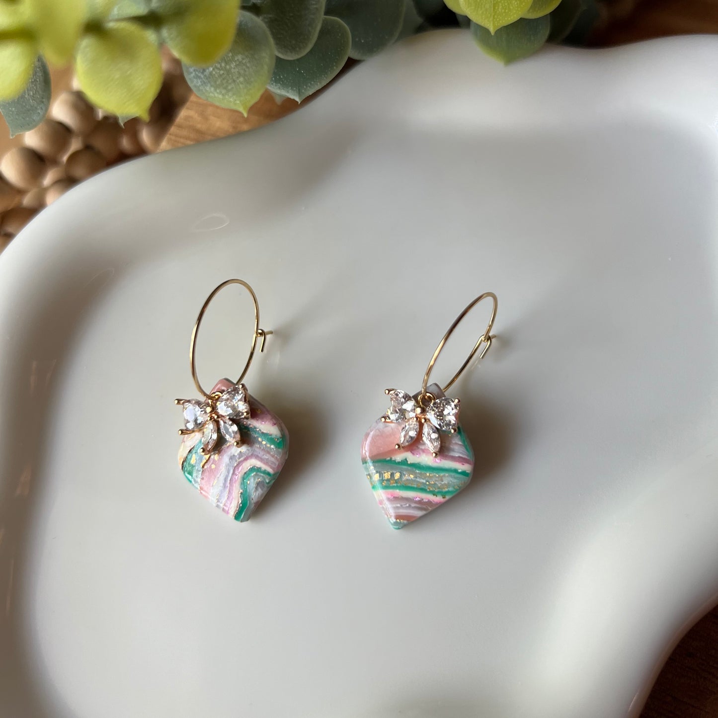 Faux Agate Diamond Shaped Polymer Clay Earrings with Bow CZ Pendant