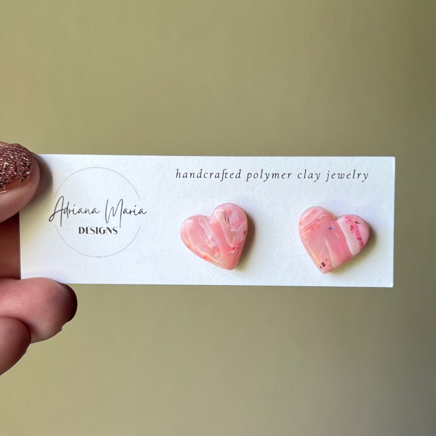 Pink Marbled Heart Polymer Clay Stud Earrings